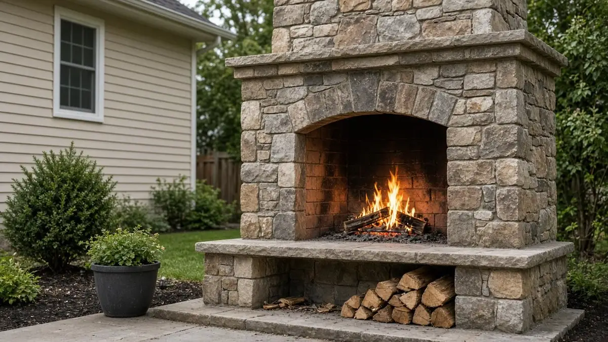 Backyard stone fireplace with a fire burning and split firewood stored beneath the hearth