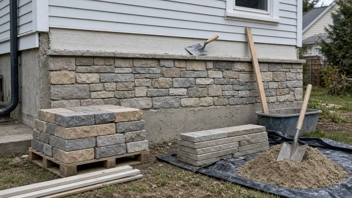Pallets of cut stone veneer and a sand pile staged beside a stone-skirted foundation wall