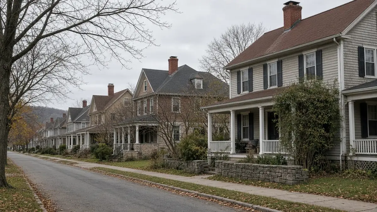 Tree-lined street of older two-story houses with porches and a low stone garden wall
